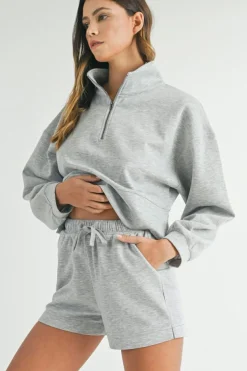 Discount Dear-Lover Stand Neck Zipped Sweatshirt and Shorts Set Light Grey