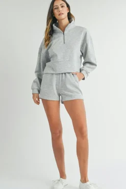 Discount Dear-Lover Stand Neck Zipped Sweatshirt and Shorts Set Light Grey