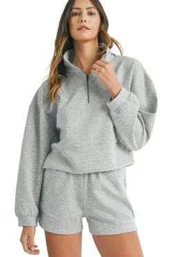 Discount Dear-Lover Stand Neck Zipped Sweatshirt and Shorts Set Light Grey