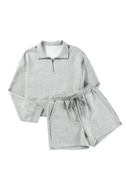 Discount Dear-Lover Stand Neck Zipped Sweatshirt and Shorts Set Light Grey