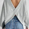 Fashion Dear-Lover Textured Crossover Backless Knit Long Sleeve Top Light Grey