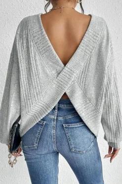 Fashion Dear-Lover Textured Crossover Backless Knit Long Sleeve Top Light Grey