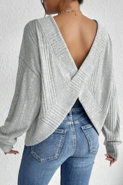 Fashion Dear-Lover Textured Crossover Backless Knit Long Sleeve Top Light Grey
