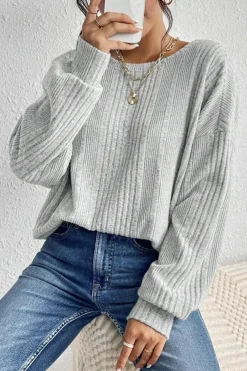 Fashion Dear-Lover Textured Crossover Backless Knit Long Sleeve Top Light Grey