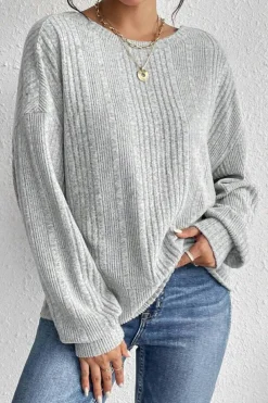 Fashion Dear-Lover Textured Crossover Backless Knit Long Sleeve Top Light Grey