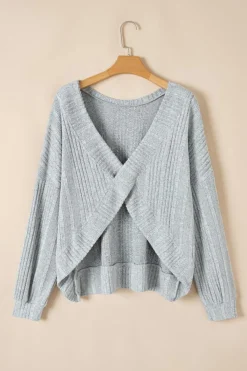 Fashion Dear-Lover Textured Crossover Backless Knit Long Sleeve Top Light Grey