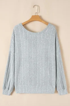 Fashion Dear-Lover Textured Crossover Backless Knit Long Sleeve Top Light Grey