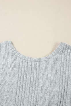 Fashion Dear-Lover Textured Crossover Backless Knit Long Sleeve Top Light Grey