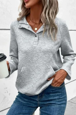 Discount Dear-Lover Textured Knit Buttoned Kangaroo Pocket Sweatshirt Light Grey