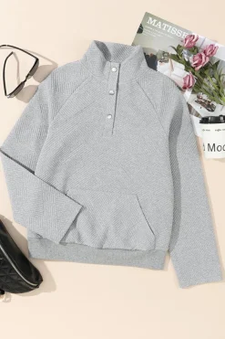 Discount Dear-Lover Textured Knit Buttoned Kangaroo Pocket Sweatshirt Light Grey