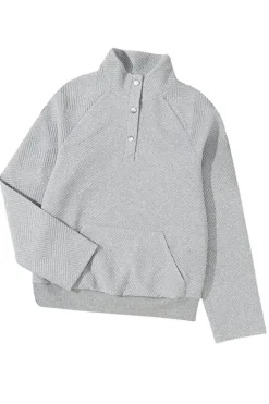 Discount Dear-Lover Textured Knit Buttoned Kangaroo Pocket Sweatshirt Light Grey