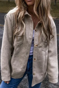 Outlet Dear-Lover Turn Down Collar Flap Pockets Buttoned Shacket Light Grey