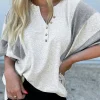 Sale Dear-Lover Two Tone Contrast Waffle Knit Patched Buttoned V Neck Top Light Grey