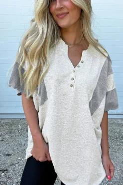 Sale Dear-Lover Two Tone Contrast Waffle Knit Patched Buttoned V Neck Top Light Grey