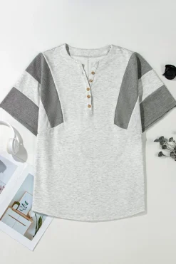 Sale Dear-Lover Two Tone Contrast Waffle Knit Patched Buttoned V Neck Top Light Grey