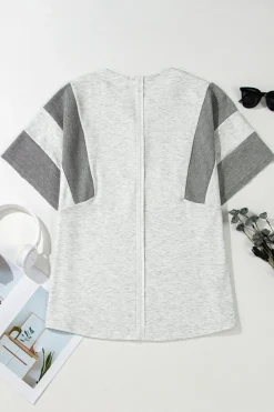Sale Dear-Lover Two Tone Contrast Waffle Knit Patched Buttoned V Neck Top Light Grey