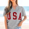 Outlet Dear-Lover USA Lettering Patch Notched Neck Loose Tee Light Grey