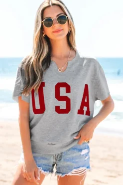 Outlet Dear-Lover USA Lettering Patch Notched Neck Loose Tee Light Grey