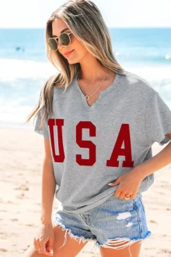 Outlet Dear-Lover USA Lettering Patch Notched Neck Loose Tee Light Grey