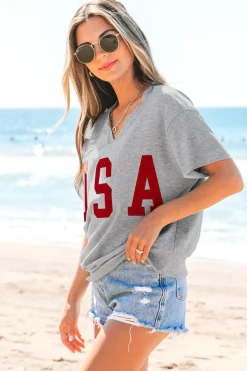 Outlet Dear-Lover USA Lettering Patch Notched Neck Loose Tee Light Grey