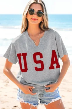 Outlet Dear-Lover USA Lettering Patch Notched Neck Loose Tee Light Grey