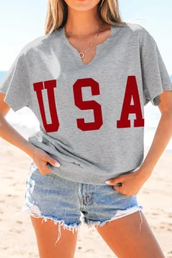 Outlet Dear-Lover USA Lettering Patch Notched Neck Loose Tee Light Grey