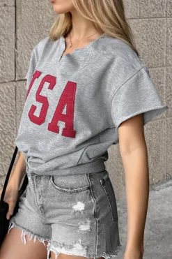 Outlet Dear-Lover USA Lettering Patch Notched Neck Loose Tee Light Grey