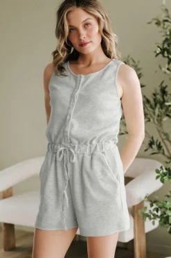 Best Dear-Lover Waffle Knit Sleeveless Buttoned Front Drawstring Waist Romper Light Grey