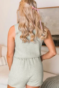 Best Dear-Lover Waffle Knit Sleeveless Buttoned Front Drawstring Waist Romper Light Grey