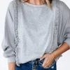 Clearance Dear-Lover Waffle Patchwork Long Sleeve Raw Hem Pullover Top Light Grey