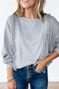 Clearance Dear-Lover Waffle Patchwork Long Sleeve Raw Hem Pullover Top Light Grey