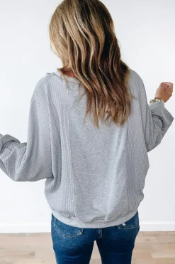 Clearance Dear-Lover Waffle Patchwork Long Sleeve Raw Hem Pullover Top Light Grey