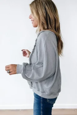 Clearance Dear-Lover Waffle Patchwork Long Sleeve Raw Hem Pullover Top Light Grey