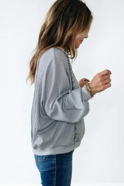 Clearance Dear-Lover Waffle Patchwork Long Sleeve Raw Hem Pullover Top Light Grey