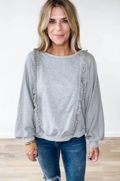 Clearance Dear-Lover Waffle Patchwork Long Sleeve Raw Hem Pullover Top Light Grey