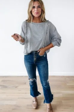 Clearance Dear-Lover Waffle Patchwork Long Sleeve Raw Hem Pullover Top Light Grey