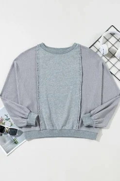 Clearance Dear-Lover Waffle Patchwork Long Sleeve Raw Hem Pullover Top Light Grey
