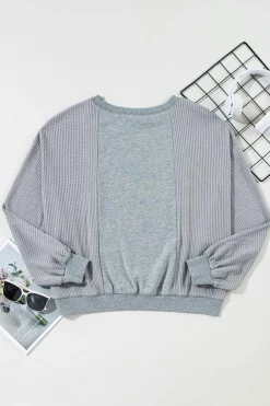 Clearance Dear-Lover Waffle Patchwork Long Sleeve Raw Hem Pullover Top Light Grey