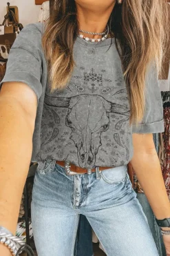 Best Dear-Lover Western Steer Head Tie Dye Print Crew Neck T Shirt Light Grey