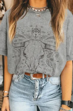 Best Dear-Lover Western Steer Head Tie Dye Print Crew Neck T Shirt Light Grey