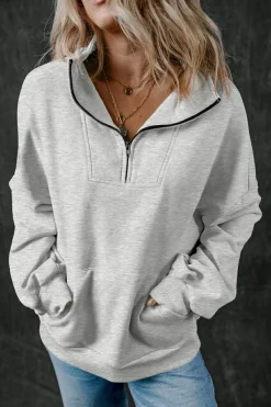 Outlet Dear-Lover Zip-up Stand Neck Kangaroo Pocket Sweatshirt Light Grey