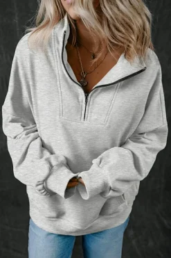 Outlet Dear-Lover Zip-up Stand Neck Kangaroo Pocket Sweatshirt Light Grey