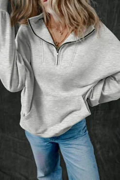 Outlet Dear-Lover Zip-up Stand Neck Kangaroo Pocket Sweatshirt Light Grey