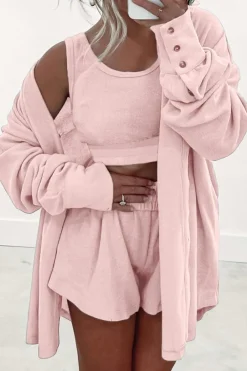 Best Dear-Lover 3 Pcs Crop Tank Top Shorts with Cardigan Lounge Set Light Pink