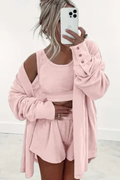 Best Dear-Lover 3 Pcs Crop Tank Top Shorts with Cardigan Lounge Set Light Pink