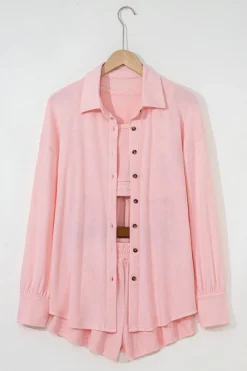 Best Dear-Lover 3 Pcs Crop Tank Top Shorts with Cardigan Lounge Set Light Pink