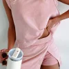 Hot Dear-Lover 2 Pieces Mineral Wash Cotton Tank Top Lined Split Skirt Set Light Pink