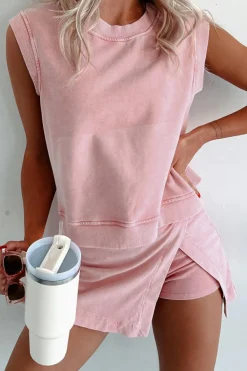 Hot Dear-Lover 2 Pieces Mineral Wash Cotton Tank Top Lined Split Skirt Set Light Pink