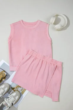 Hot Dear-Lover 2 Pieces Mineral Wash Cotton Tank Top Lined Split Skirt Set Light Pink