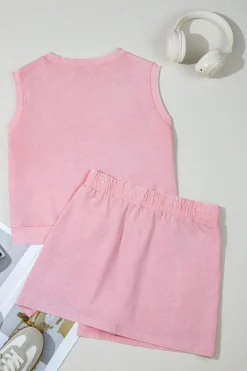 Hot Dear-Lover 2 Pieces Mineral Wash Cotton Tank Top Lined Split Skirt Set Light Pink